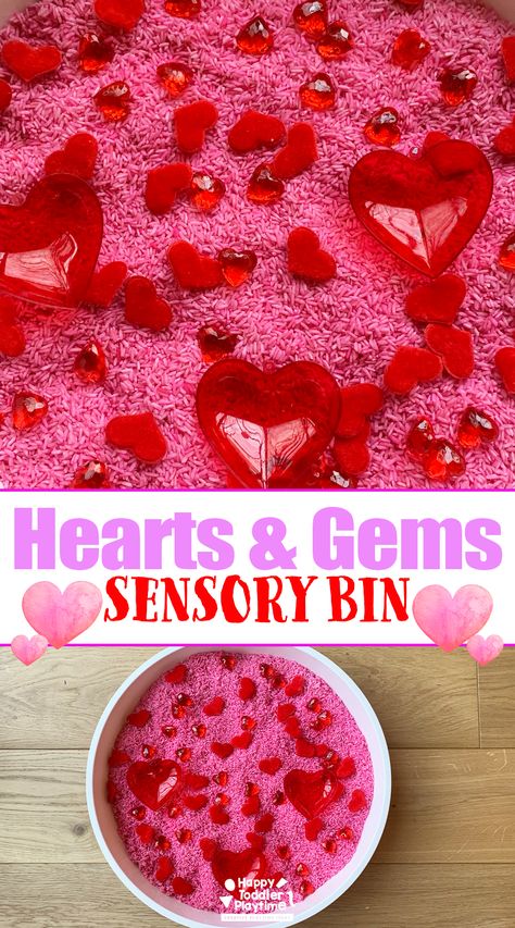 Valentine's Day Sensory Bin: Hearts and Gems - Happy Toddler Playtime Valentine Sensory Bin, Valentine Sensory, Infant Art, Valentine Art Projects, Early Childhood Special Education, February Activity, Valentine Art, Sensory Crafts, Montessori Homeschool