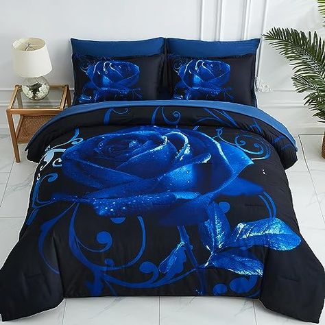 Women King, Rose Comforter, Queen Size Comforter Sets, Floral Comforter Sets, Blue Comforter Sets, Reversible Bedding, Blue Comforter, Bed Comforter Sets, Patterned Bedding