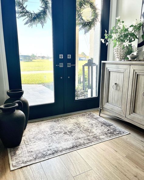 Debbi ▫️Decorator▫️Homedecor on Instagram: “You can totally change the whole look of a space by just adding a new rug! This 3’ x5’ Kamran Hazel @ruggable was just what I needed to…” Black Double Front Doors, Double Entryway, Black Double Doors, Entryway Doors, Front Doors Ideas, Brick Porch, French Front Doors, Stone Porches, Wood Entryway