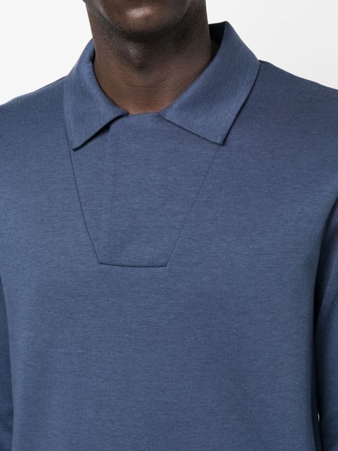 long-sleeve cotton-blend polo shirt from GIORGIO ARMANI featuring midnight blue, cotton-silk blend, polo collar, long sleeves, elasticated cuffs and straight hem. | Giorgio Armani Long-Sleeve Cotton-Blend Polo Shirt Armani Shirts, Polo Design, Polo Long Sleeve, Denim Patterns, The Office Shirts, Shirt Cuff, Mens Casual Outfits, Polo Collar, T-shirt Polos