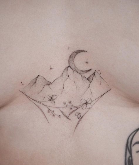 Star Mountain Tattoo, Acotar Ramiel Mountain Tattoo, Small Mountain Tattoos For Women, Upper Leg Tattoos Women, Velaris Mountains, Velaris Tattoo, Cool Nature Tattoos, Nepal Tattoo, Bicep Tattoo Women