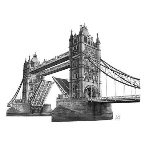 Tower Bridge, London, UK. Architecture Immaculate Drawing Technique. By Elizabeth Mishanina. Bridge Drawing Sketches, London Bridge Drawing, Geometric Wallpaper Hd, Bridge Tattoo, Get Better At Drawing, Bridge Drawing, London Drawing, Nobody Is Perfect, Building Sketch