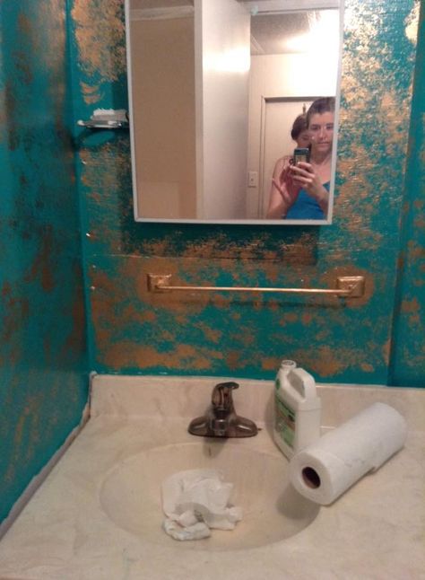 My bathroom done with a sea sponge and gold metallic spray paint. Gold Sponge Paint Wall, Metallic Wall Paint, Sponge Painting Walls, Decorative Wall Painting, Metallic Paint Walls, Decorative Painting Techniques, Half Painted Walls, Simple Bathroom Remodel, Turquoise Walls