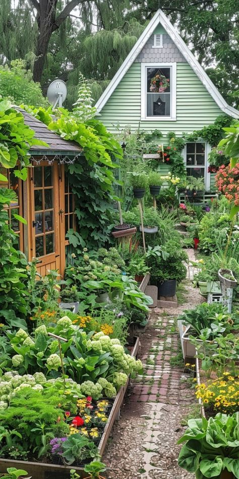 Small Farm Garden Ideas, Tiny House In Garden, Small Home With Garden, Garden S, Small Garden Aesthetic, Small Secret Garden Ideas, Cute Vegetable Garden, Tiny Vegetable Garden, Small Backyard Vegetable Garden