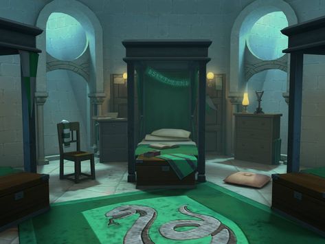 Slytherin Common Room Bedroom, Hogwarts Architecture, Hogwarts Landscape, Slytherin Dorm Room, Slytherin Dormitory, Slytherin Bedroom, Hogwarts Dorm, Slytherin Room, Hogwarts Room