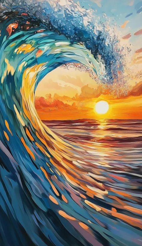 Serene ocean wave painting with vibrant sunset colors. Wave Pictures, Ocean Sunset Painting, Ocean Wave Painting, Seascape Photography, Wave Painting, Ocean Scenes, Inspo Pics, Ocean Sunset, Wave Art