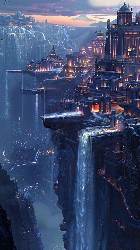 Fantasy Technology Concept Art, Technology Concept Art, Fantasy Technology, Mountain Kingdom, Scene Inspiration, Inuyasha Cosplay, Scifi City, Water City, Sci Fi Landscape