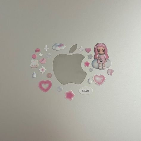 Macbook Pro Stickers Ideas, Stickers On Black Laptop, Mac Book Decoration, Cute Macbook Stickers, Coquette Laptop Stickers, Cute Deco Stickers, Laptop Inspo Stickers, Laptop Case Decoration, Coquette Laptop Case