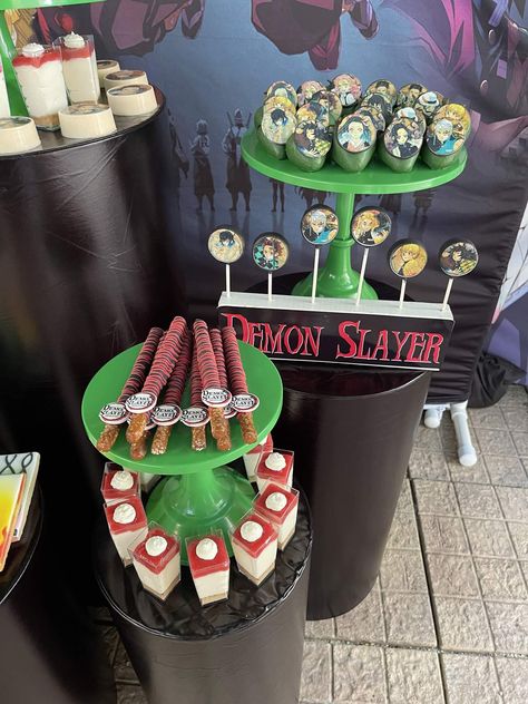 Demon Slayer Party Food, Demon Slayer Snacks, Demon Slayer Birthday Party Ideas, Demon Slayer Party Ideas, Anime Birthday Party Ideas, Demon Slayer Food, Demon Slayer Birthday Party, Demon Slayer Party, Demon Slayer Birthday