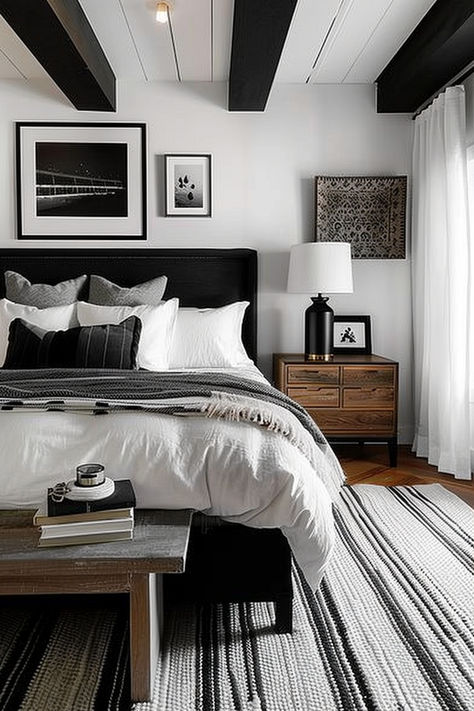 Explore 50 inspiring ideas to transform your black and white apartment bedroom into a stylish retreat perfect for urban living. Dark Bedroom White Furniture, Room Idea Black And White, Before And After Master Bedrooms Decor, Black Apartment Aesthetic Bedroom, Bedroom Black And White Ideas, Black Bed White Bedding, Black And Brown Bedroom Furniture, B&w Bedroom, Black Bed White Walls