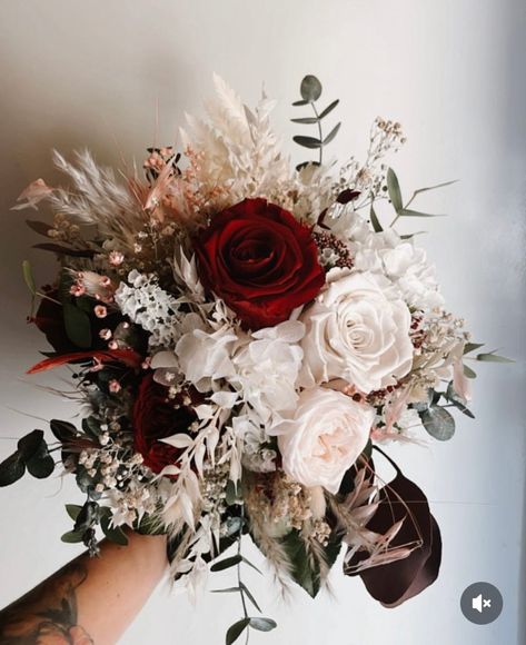 Bridal bouquet with eternal roses A mix of red, pink and white flowers. The mix of strong and delicate flowers makes it look very lively. For everyone who wants a little more color. I would also be happy to create anything else to match your bouquet Red And Black Plaid Christmas Flower Boque, Wedding Flowers For February Bridal Bouquets, Red White And Black Flower Bouquet, Wedding Bouquets For Bride, Wedding Bouquets For Black Dresses, Wine Red Wedding Bouquet, Dried Flower Bouquet Wedding Burgundy, Burgundy Flowers Bridesmaid, Dried Flower Bridal Bouquet Burgundy