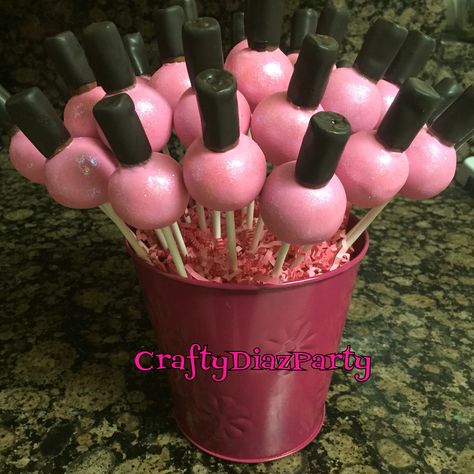 Nail Polish Cake Pops How To Make, Cosmetology Themed Party, Spa Theme Cake Pops, Makeup Theme Cake Pops, Nail Polish Cake Pops, Spa Day Cake Pops, Spa Themed Desserts, Spa Cake Pops, Makeup Party Cake