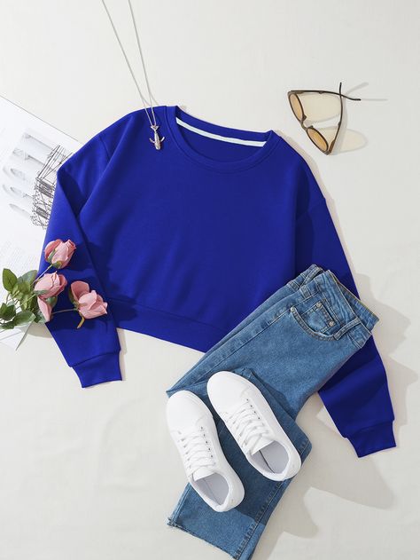 Royal Blue Casual Collar Long Sleeve Fabric Plain Pullovers Embellished Slight Stretch Spring/Fall Women Sweatshirts Royal Blue Top Outfit Casual, Outfits Azul, Women Sweatshirts, Azul Real, Round Neck Sweatshirts, Azul Royal, Instagrammer, Fashion Design Clothes, الرسومات اللطيفة