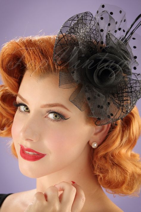 1950s Hats: 40s Genevieve Polkadot Fascinator in Black Pinup Hair Bandana, 1950s Headpiece, 50s Wedding Hair, 1950s Fascinator, 1950s Hairstyles For Long Hair, Bandana Hairstyle, Bandana Fashion, Little Hats, 1950s Hats