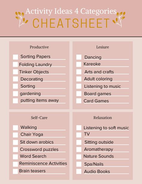 Activities Cheat Sheet — Dementia Success Path Activity Director Ideas For Seniors, Activities For Adults With Disabilities, Dementiability Activities, Alzheimer's Activities, Memory Care Unit, Assisted Living Activities, Activities Director, Memory Care Activities, Senior Living Activities