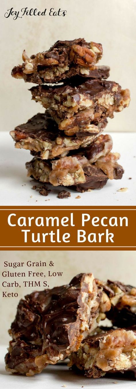 Caramel Pecan Turtle Bark - Low Carb, Sugar-Free, THM S, Keto - The ultimate indulgence. This tastes like the very best caramel pecan turtle from a chocolate shop but it is healthier, cheaper, and so easy to make at home. Turtle Bark, Galletas Keto, Pecan Turtles, Low Carb Candy, Keto Treats, Postre Keto, Keto Candy, Joy Filled Eats, Thm Desserts