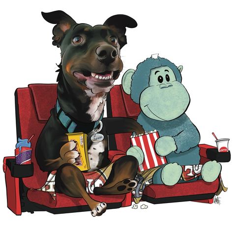 CanineCaricatures.com pet portrait # 6,623: “This is Juneau. She really loves snuggling up under a 49ers blankey with her best monkey friend. If possible, could you draw her hanging out at the AMC movies with popcorn, a slushy and milk duds? We go to the movies every week and thought that would be super fitting.” .. CanineCaricatures.com: the only pet portraits that sneak candy into the movie theater. .. #petportraitsfromphotos #moviedate Pet Caricature, The Movie Theater, Milk Duds, Animal Caricature, Portraits From Photos, Movie Theater, Pet Portrait, The Movie, Pet Portraits