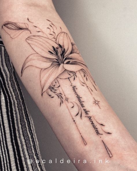 Fine Line Lily Tattoo, Tattoo Writing, Writing Tattoo, Lillies Tattoo, Writing Tattoos, Fine Line Tattoo, Lily Tattoo, Memorial Tattoo, Line Tattoo