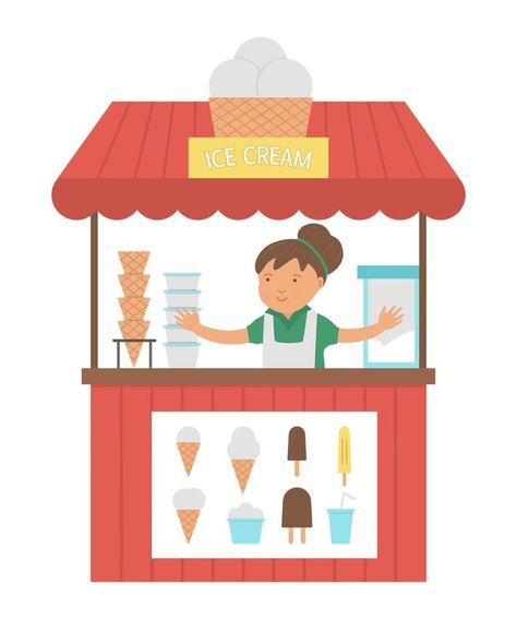 Vector ice cream stall with seller. Flat ice-cream stand illustration. Beach dessert shop. Cute summer picture for kids. Ice Cream Stall Design, Ice Cream Shop Illustration, Ice Cream Stall, Stand Illustration, Cute Summer Pictures, Beach Dessert, Illustration Beach, Ice Cream Stand, Stall Designs