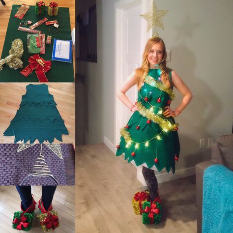 Christmas Tree Dress Up, Diy Christmas Tree Dress, Christmas Tree Dress Diy, Dress Like A Christmas Tree For School, Dress Like A Christmas Tree, Dress Like A Present, Holiday Costume Ideas, Diy Christmas Tree Costume, Christmas Tree Halloween Costume