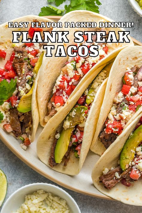 Best Flank Steak, Mexican Bean Dip, Steak Toppings, Steak Taco Recipe, Flank Steak Tacos, Easy Taco Recipes, Sliced Avocado, Flank Steak Recipes, Homemade Corn Tortillas