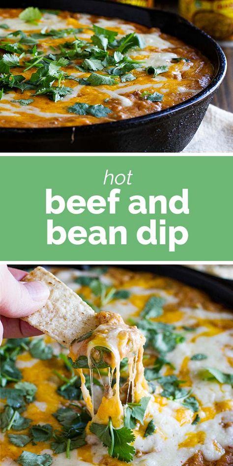 Need an appetizer perfect for watching that sporting event or for a family get-together? This Hot Beef and Bean Dip takes your typical bean dip up a notch for an addicting, family friendly dip. #dip #beef #bean #appetizer Beef And Bean Dip Recipes, Beef Commercial Recipe, Hot Beef Commercial Recipe, Beef Commercial, Hot Bean Dip, Traditional Refried Beans, Hot Beef, Season Recipes, Dip Dip