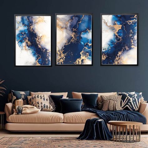 Blue Gold Decor Living Room, Black White Brown Blue Living Room, Navy And Rose Gold Living Room, Royal Blue Wall Art, Gold And Navy Living Room, Navy And Gold Living Room Decor, Teal And Navy Living Room, Blue Lounge Room Decor, Navy Blue And Gold Living Room Decor