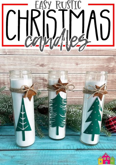 Easy Rustic Christmas Tree Candles - Burton Avenue Tall Christmas Candles, Cricut Candles Vinyl Projects Christmas, Quick Cricut Christmas Gifts, Diy Dollar Tree Christmas Candles, Cricut Selling Ideas Christmas, Cricut Xmas Gifts, Diy Dollar Store Christmas Candles, Dollar Tree Pillar Candles Cricut, Christmas Crafts With Vinyl