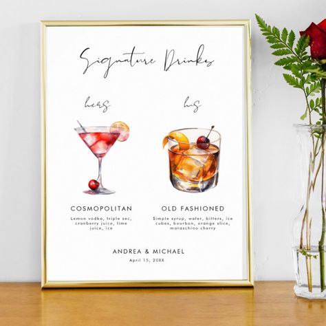 Drinks Bar Wedding, Signature Drink Wedding, Signature Drinks Wedding, Cocktails Poster, Bar Wedding Sign, Drink Wedding, Drinks Wedding, Wedding Acrylic, Addressing Wedding Invitations