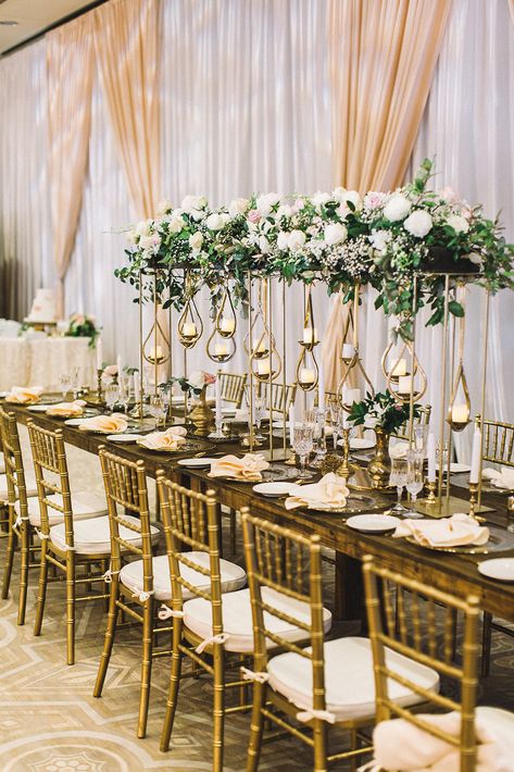 Tiffany Chairs, Simple Wedding Reception, Candlelit Table, Beautiful Wedding Centerpiece, Gold Tiffany, Venue Inspiration, Beautiful Wedding Reception, Tall Wedding Centerpieces, Chic Vintage Brides