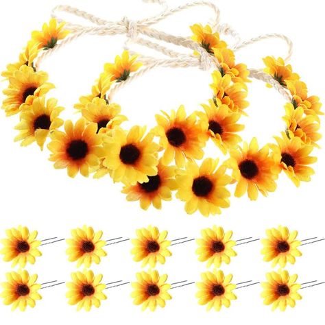 PRICES MAY VARY. Material: the flowers are made of cloth, which is natural and soft, easy to stretch and fold, the hair clips are made of quality metal with smooth surface, they are not easy to become rust, can last for long-term use Combination: it includes sunflower hair pins and floral headband, which suitable for using of long or short hair, straight or curly hair, hair pins which allows to hold your hairstyle well and will not hurt your hair and can show kinds of styles as you like Using: t Sunflower Crown, Sunflower Hair, Sunflower Headband, Daisy Headband, Hippie Headbands, Flower Crown Hairstyle, Floral Hair Clip, Beautiful Hair Accessories, Sunflower Wreath