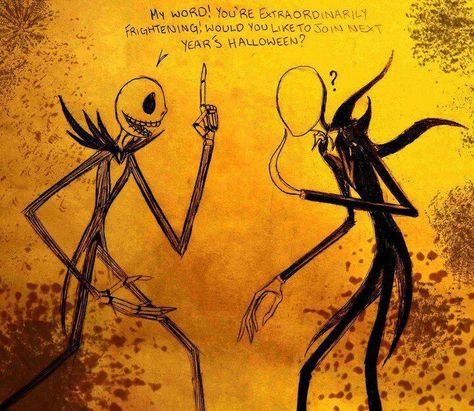 Slenderman meets Jack Skelington Horror Villians, Creepypasta Slenderman, Nightmare Before Christmas Drawings, Nightmare Before Christmas Tattoo, Jack The Pumpkin King, Emo Love, Best Crossover, Tim Burton Style, Slender Man