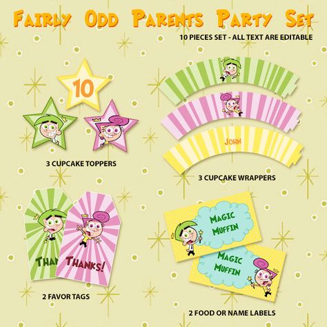 Fairly Odd Parents Party Ser by DigitalDesignChile on Etsy Fairy Odd Parents Birthday Party Ideas, Cosmo And Wanda Gender Reveal Ideas, Tina Baby, Fairy Oddparents, Baby Gender Reveal Party Decorations, Fairly Oddparents, Cosmo And Wanda, The Fairly Oddparents, Fairly Odd Parents