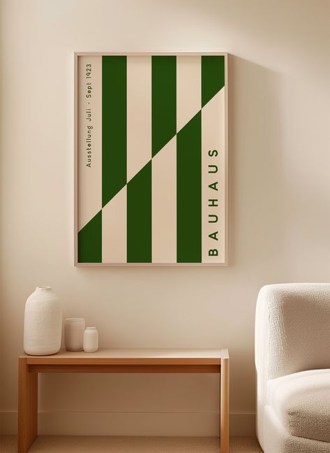 This green stripes Bauhaus print is a perfect blend of modern and bold design. With its striking bauhaus style and eye-catching design, this product will add a touch of mid century modern to any space. Expertly crafted, this piece will bring a unique and contemporary look to your home. Contemporary Art Wall, Bauhaus Wall Art, Poster Frame Ideas, Bauhaus Room, Bauhaus Poster Design, Bauhaus Pattern, Mid Century Artwork, Interior Poster, Bauhaus Print