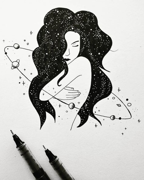 Universe Woman Art, Begin Drawing, Dreaming Drawing, Universe Sketch, Tattoo Table, Dream Drawing, Social Media Drawings, Space Drawings, Multimedia Arts