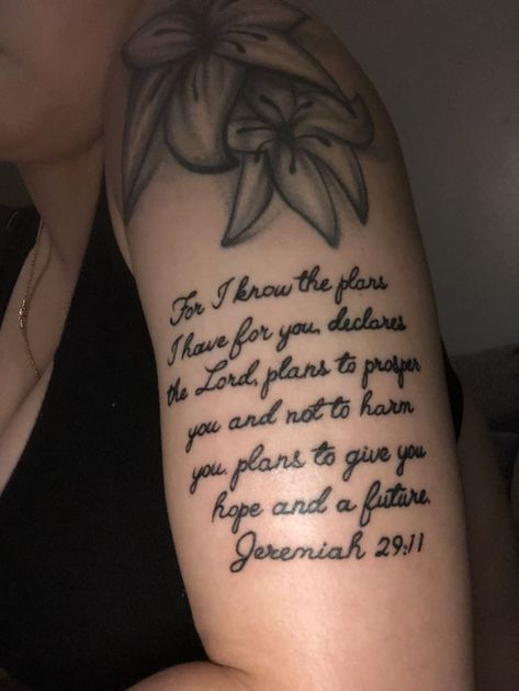 Tattoo Scripts For Women, Bicep Tattoo Ideas Women, Bicep Tattoo Women Quotes, Quote Sleeve Tattoo, Jeremiah 29 11 Tattoo Ideas, Scripture Tattoos Black Women, Mens Arm Tattoos Forearm, Paragraph Tattoos For Women, Half Sleeve Tattoos For Women Upper Arm Meaningful