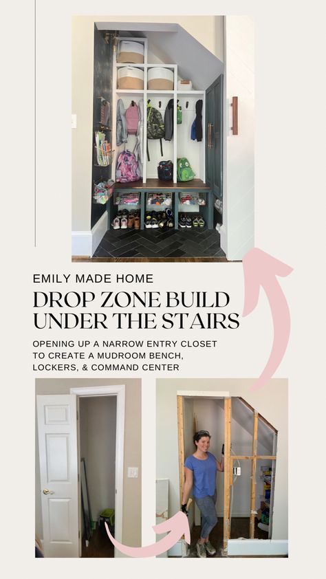 Under Stairs Command Center, Stairway Drop Zone, Mudroom Ideas Entryway Under Stairs, Mudroom Lockers Under Stairs, Entry Closet Under Stairs, Under Stair Mudroom Ideas, Lockers Under Stairs, Under The Stairs Drop Zone, Book Bag Drop Zone