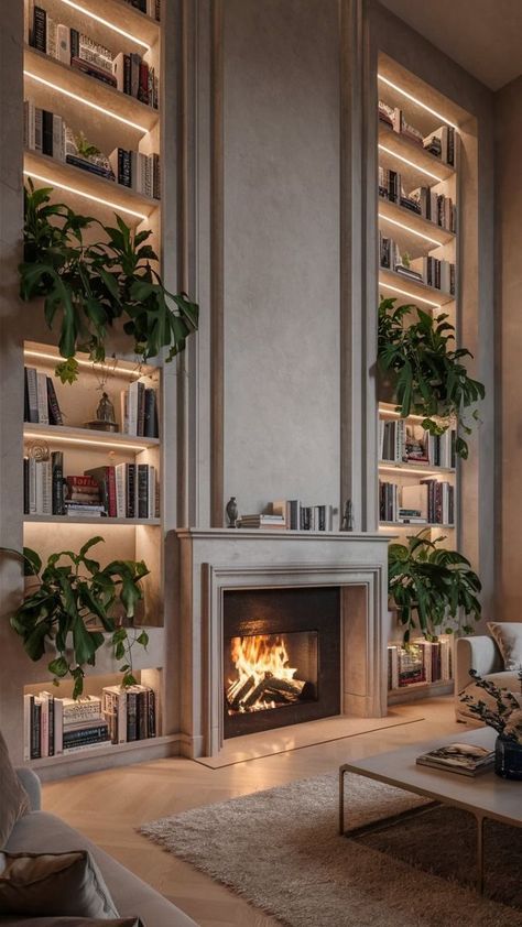 Tall Living Room Built Ins, Built In Bookshelf With Fireplace, Built In Shelves With Windows Above, Living Room Storage Around Fireplace, Mantle And Bookshelves, Bookshelf And Fireplace, Built In Bookshelves Around Fireplace Vaulted Ceiling, Bookcase With Fireplace And Tv, Shelves On Each Side Of Fireplace