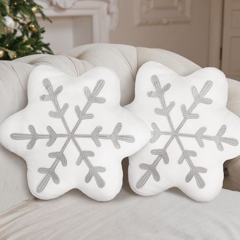 Christmas Decor Couch, Snowflake Pillows, Snowflake Shapes, Winter Throw Pillows, Snowflake Pillow, Winter Pillows, Christmas Throws, Snowflake Shape, Shaped Pillow