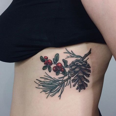 Pine branch with cranberry for Victoria🍂 Thank you for sitting so well! #tattoo #tattoos #plants #flowers #botanical #botanicaltattoos #flowertattoos Pinecone Branch Tattoo, Cranberry Tattoo, Winter Berry Tattoo, Forest Plants Tattoo, Botanical Forest Tattoo, Spruce Tattoo Branch, Cone Tattoo, Tattoos Plants, Well Tattoo