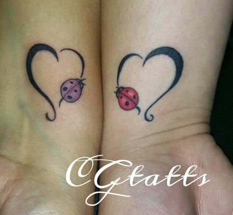 Lady bug tattoos Ladybug Tattoo Matching, Ladybug Matching Tattoos, Lovebug Tattoo Ideas, Mom And Daughter Ladybug Tattoos, Love Bug Tattoo, Tattoo Ideas Female Ladybug, Ladybug With Heart Spots Tattoo, Ladybird Tattoo, Ladybug Tattoos