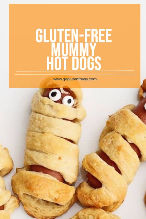 Enjoy these yummy mummy hot dogs, an easy gluten-free snack for your next Halloween party or fun and spooky Halloween dinner before trick-or-treating! Gluten Free Halloween Snacks, Easy Halloween Dinner, Gluten Free Halloween Candy, Halloween Mummy Dogs, Gluten Free Hot Dogs, Gluten Free Halloween Food, Mummy Hot Dogs, Gluten Free Halloween, Gluten Free Puff Pastry