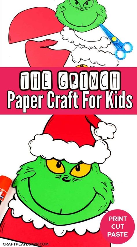 The Grinch free printable paper craft for kids. Grinch Craft, Dr Suess Day, Dr. Seuss Crafts, Free Christmas Crafts, Dr Seuss Art, Prek Crafts, Grinch Crafts, Storytime Crafts, Paper Craft For Kids