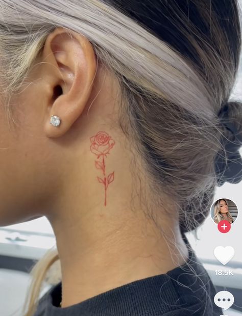 Rose Tattoo Behind Ear, Rose Neck Tattoo, Flower Neck Tattoo, Rose Tattoo With Name, Red Flower Tattoos, Behind Ear Tattoos, Red Heart Tattoos, Tattoo Behind Ear, Tato Minimal