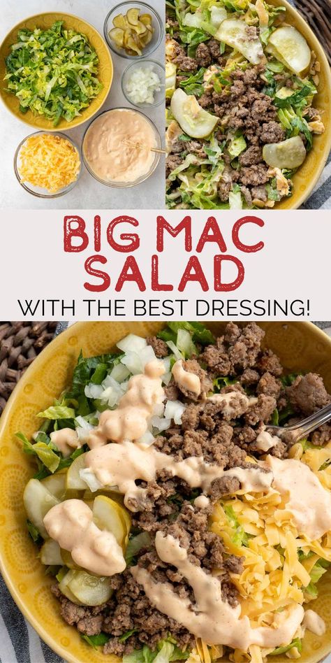 Enjoy the flavors of your favorite burger in a tasty salad! This Big Mac Salad features seasoned ground beef, crisp lettuce, cheese, dill pickles and that signature sauce! Easy Big Mac Salad, Keto Taco Salad, Seasoned Ground Beef, Big Mac Salad, Meal Prep Lunch, Salads For A Crowd, Mac Salad, Prep Lunch, Quick Side Dishes