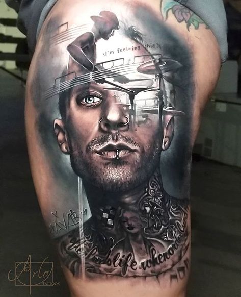 Portrait I did of one of my childhood heroes @travisbarker over at @musink_tatfest.  He was even nice enough to sign it on the bottom left which I then tattooed over. Super rad client! And an amazing experience! Beau Tattoo, Blink Tattoo, Travis Barker Tattoos, Arlo Tattoo, Arlo Dicristina, Drum Tattoo, Oni Mask Tattoo, Modern Art Tattoos, Famous Portraits