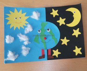 Earth Day Theme Craft Idea for Kindergartners Day And Night Crafts Preschool, Day And Night Preschool Craft, Earth Day Crafts For Kindergarten, Day And Night Project For Kids, Day And Night Craft Kindergarten, Day And Night Kindergarten, Earth Day And Night, Earth Craft, Storytime Crafts