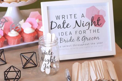 Date Night Jar Bridal Shower Diy, Date Night Idea Jar, Modern Bridal Shower Decorations, Creative Bridal Shower Ideas, Creative Bridal Shower Gifts, Night Jar, Date Night Jar, Bridal Shower Guest Book, Disney Bridal Showers