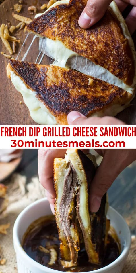 French Dip Grilled Cheese Sandwich is perfect for dinner, parties or game nights! #frenchdip #dip #sandwich #appetizer #lunch #30minutesmeals French Dip Panini Recipes, French Dip Grilled Cheese Sandwich, French Dip Grilled Cheese, Grilled Cheese Sandwich Ideas, Sandwich Appetizer, Snacks Sandwiches, Baked Sandwiches, Grill Cheese, French Dip Sandwich