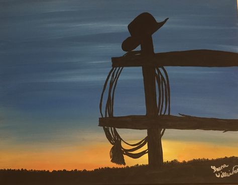 Simple Cowboy Paintings, Western Sky Painting, Cowboy Sunset Painting, Country Aesthetic Painting Easy, Farm Silhouette Painting, Country Themed Paintings, Horse Easy Painting, Easy Farm Paintings For Beginners, Cowboy Acrylic Painting